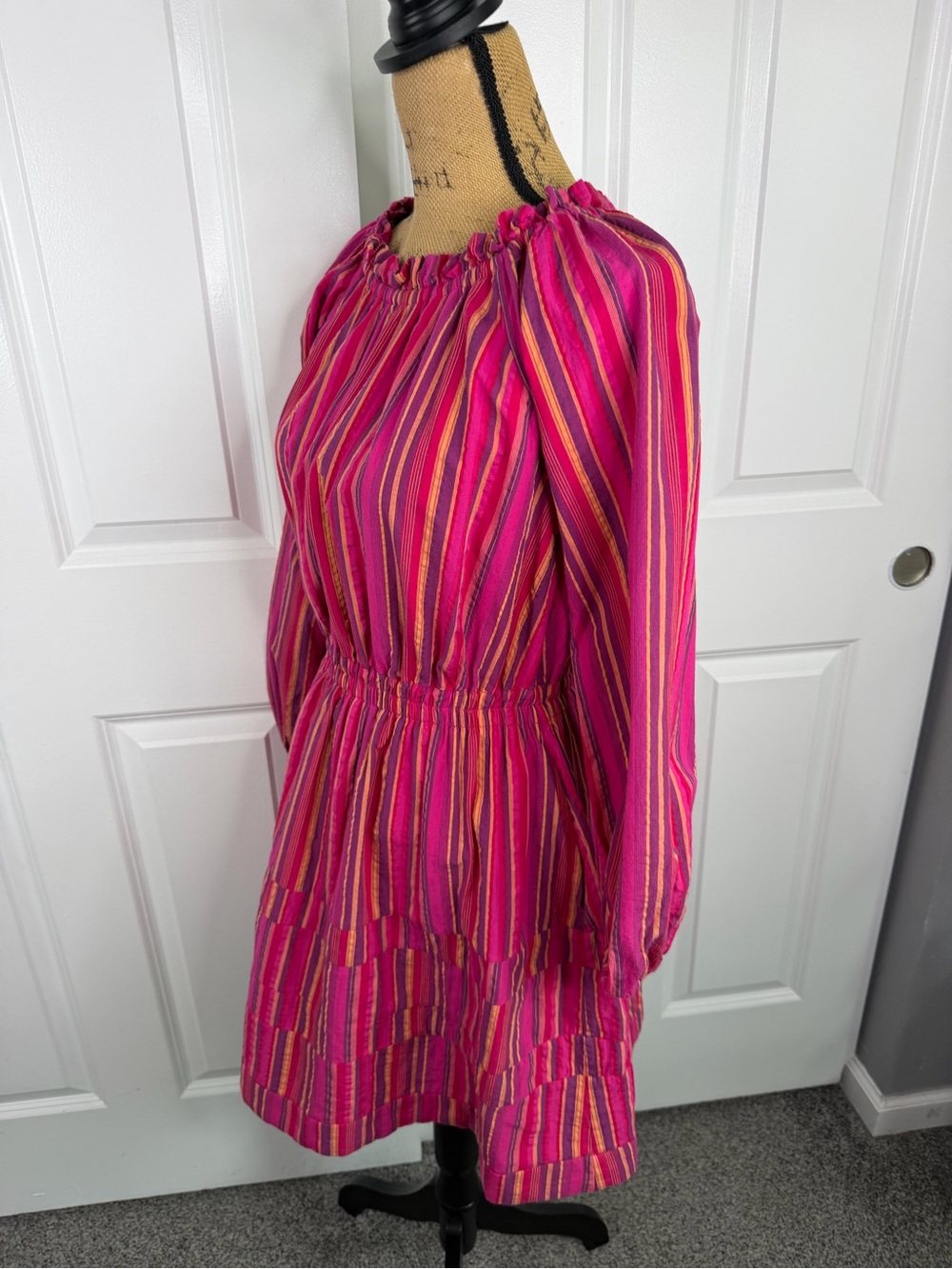 BURU Size S Pink Striped Cotton Long Sleeve Tiered Mini Dress - Picture 8 of 11